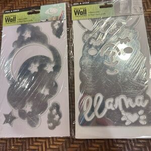 NIP Lot 2 Main Street Wall Creations Peel & Stick Llama Mirror/Clouds & stars